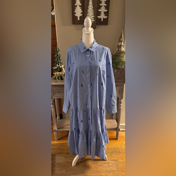 Chico’s Poplin Tiered Stripe Shirt Dress Sailboats Size 3 (US 16) Embroidered - Picture 3 of 12
